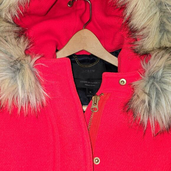 J. Crew Women's Red Chateau Stadium Parka Coat Nello Cori Faux Fur Hood Size 10 - Picture 2 of 7